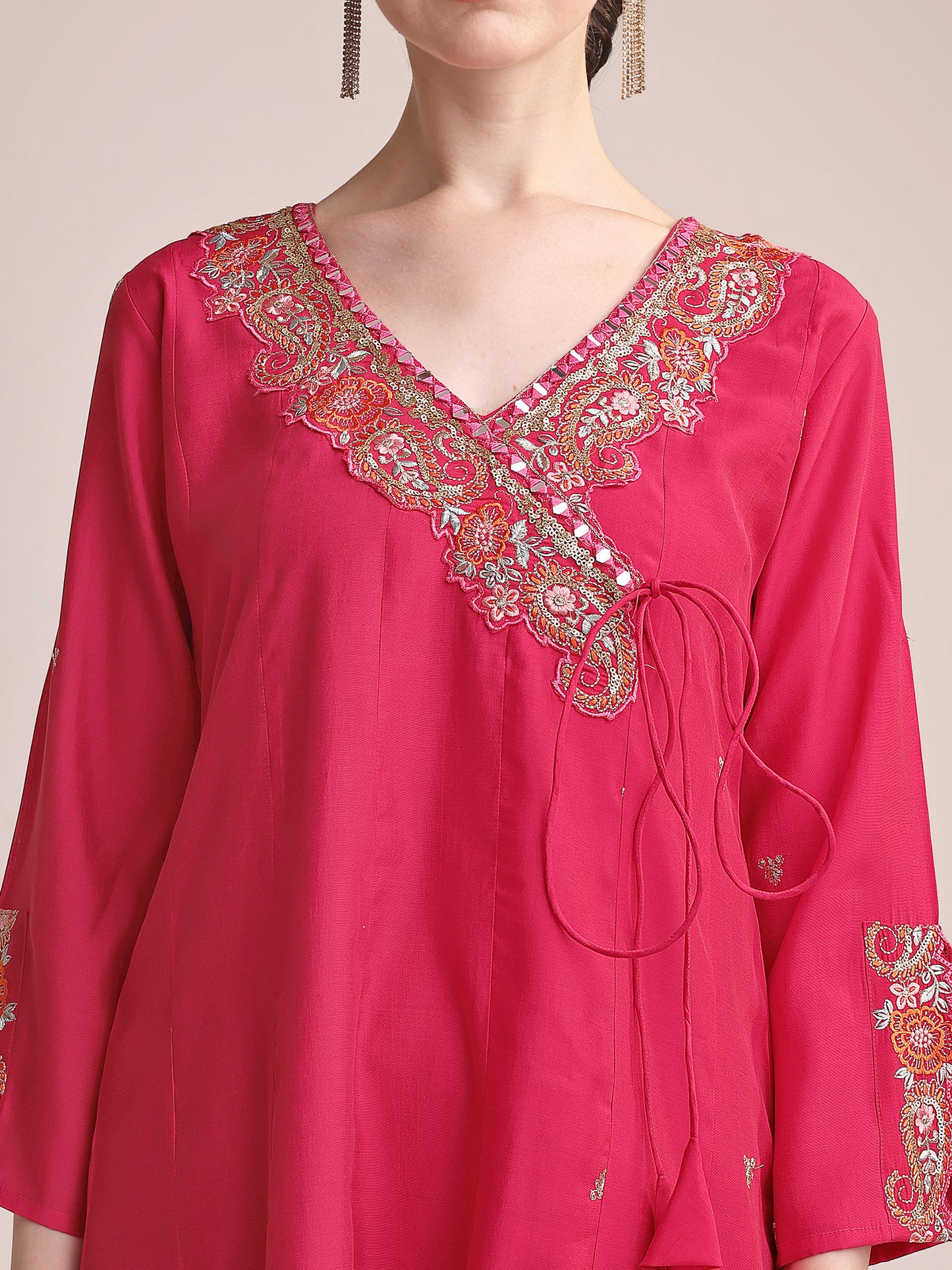 Rani Pink Roman Silk Embroidered Kurta Set with Contrast Organza Dupatta