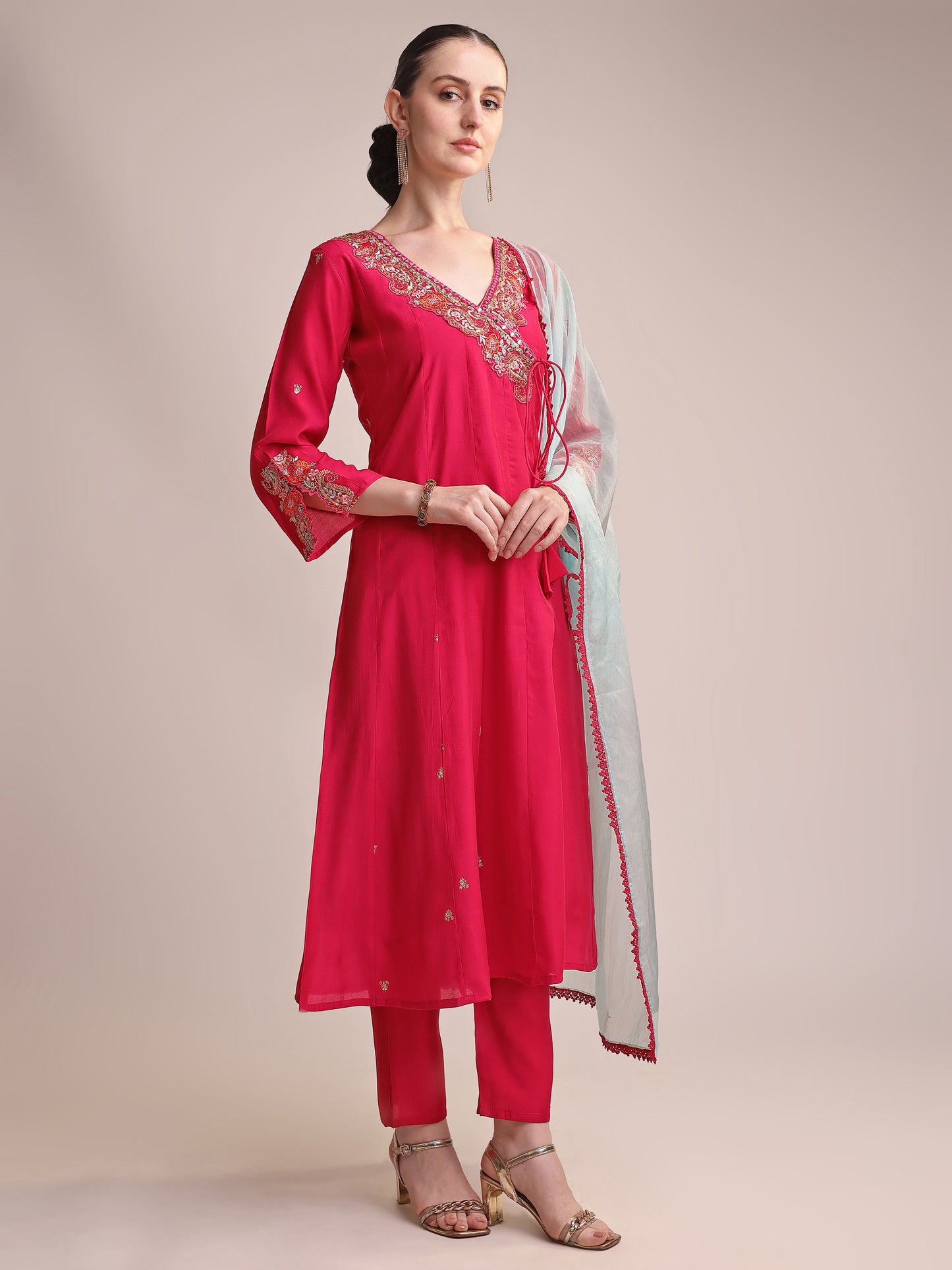 Rani Pink Roman Silk Embroidered Kurta Set with Contrast Organza Dupatta