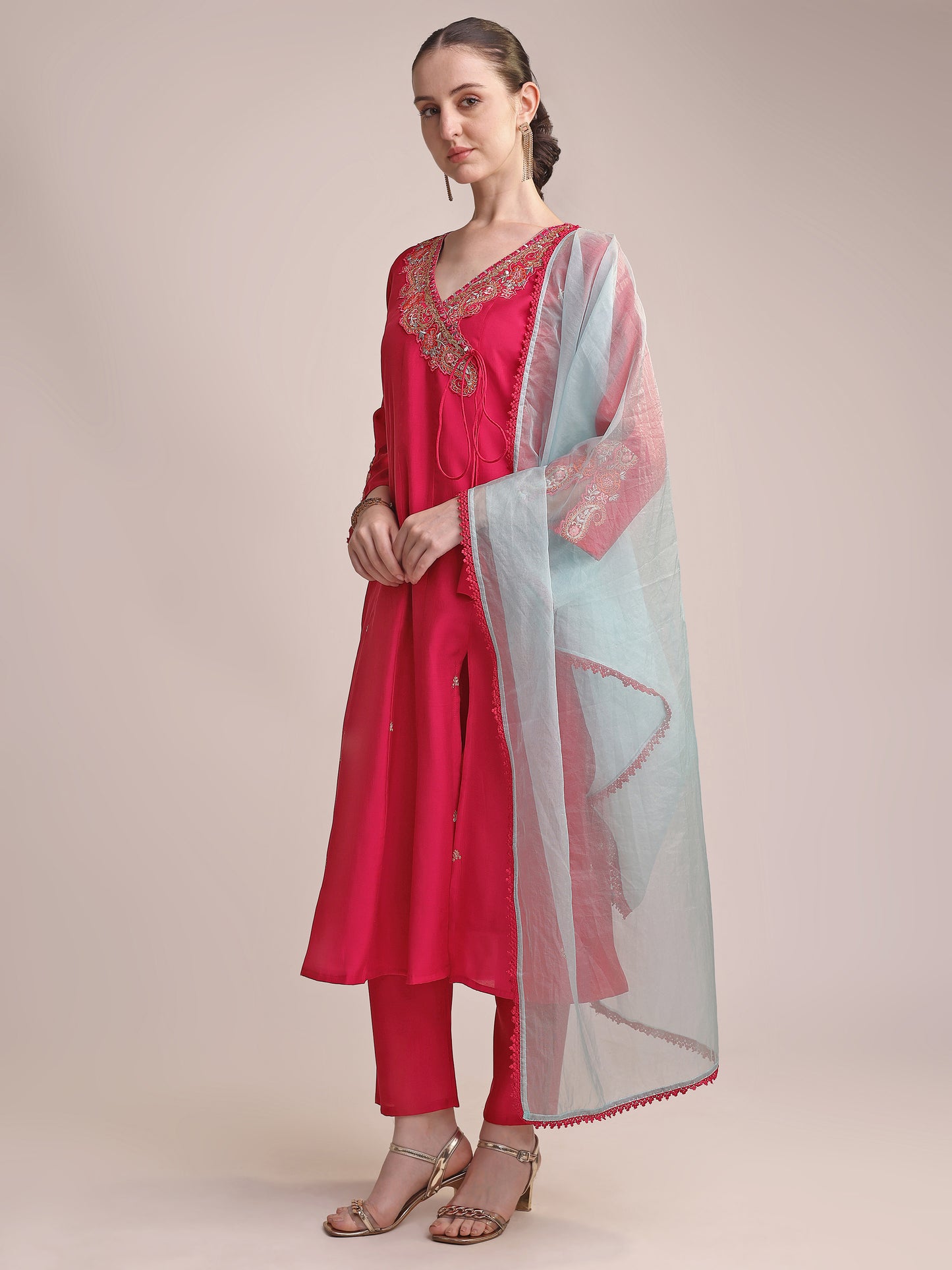 Rani Pink Roman Silk Embroidered Kurta Set with Contrast Organza Dupatta