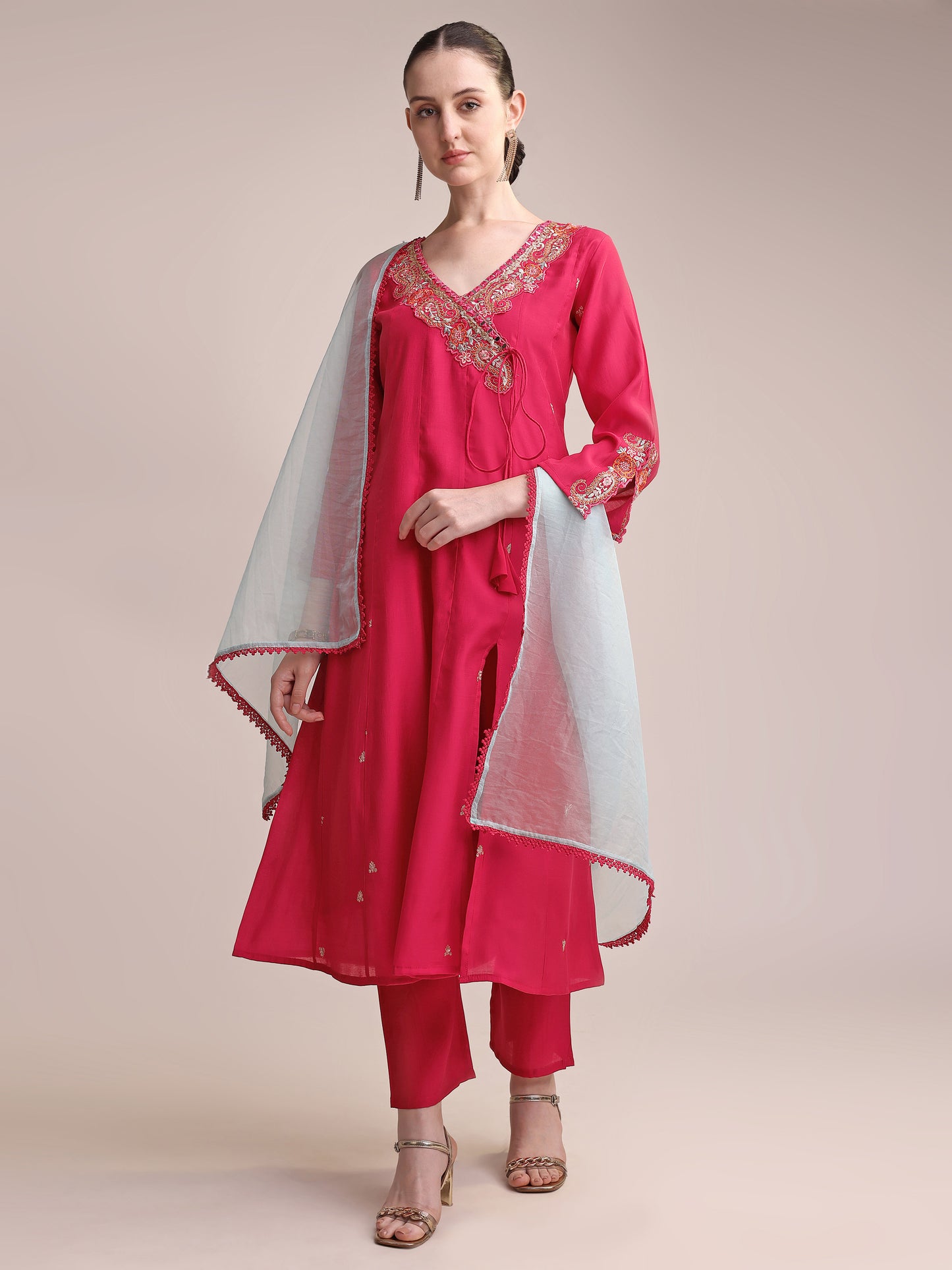 Rani Pink Roman Silk Embroidered Kurta Set with Contrast Organza Dupatta