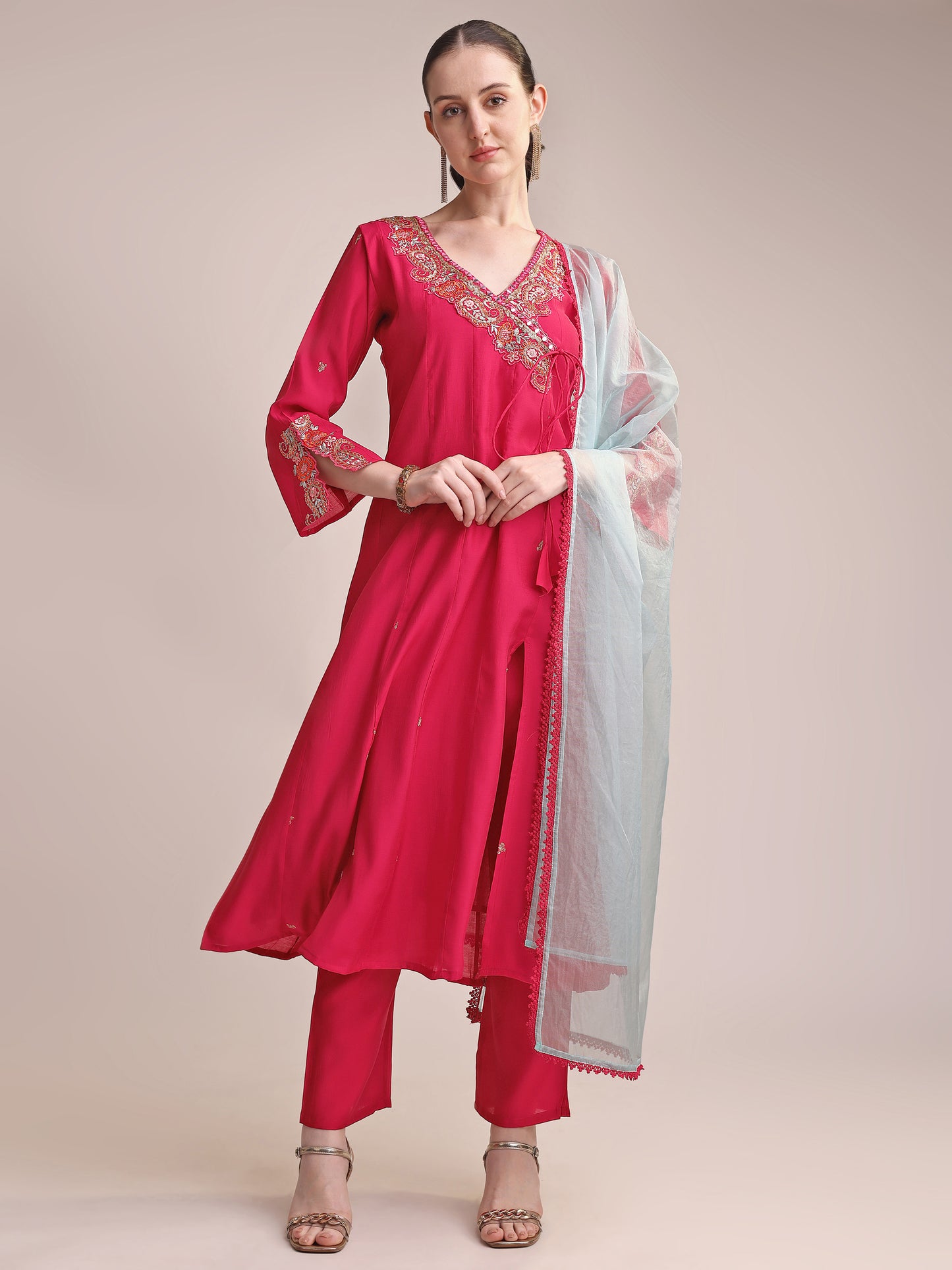 Rani Pink Roman Silk Embroidered Kurta Set with Contrast Organza Dupatta