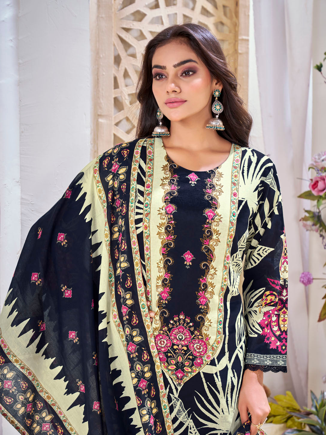 Elegant Black Floral Printed Cotton Suit Set with Contrasting Dupatta