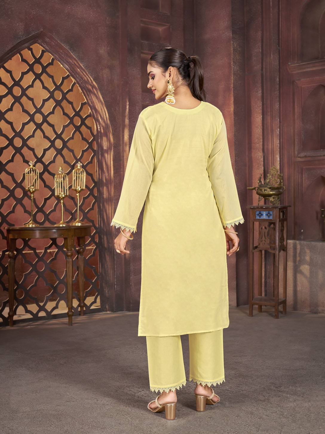 Lemon Yellow Embroidered 3-Piece Cotton Suit with Printed Dupatta