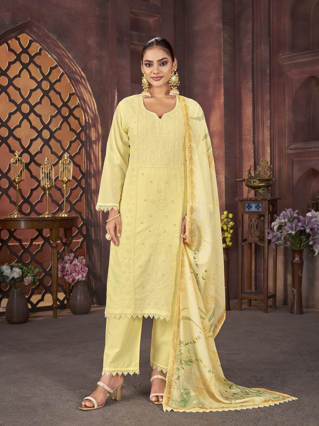 Lemon Yellow Embroidered 3-Piece Cotton Suit with Printed Dupatta