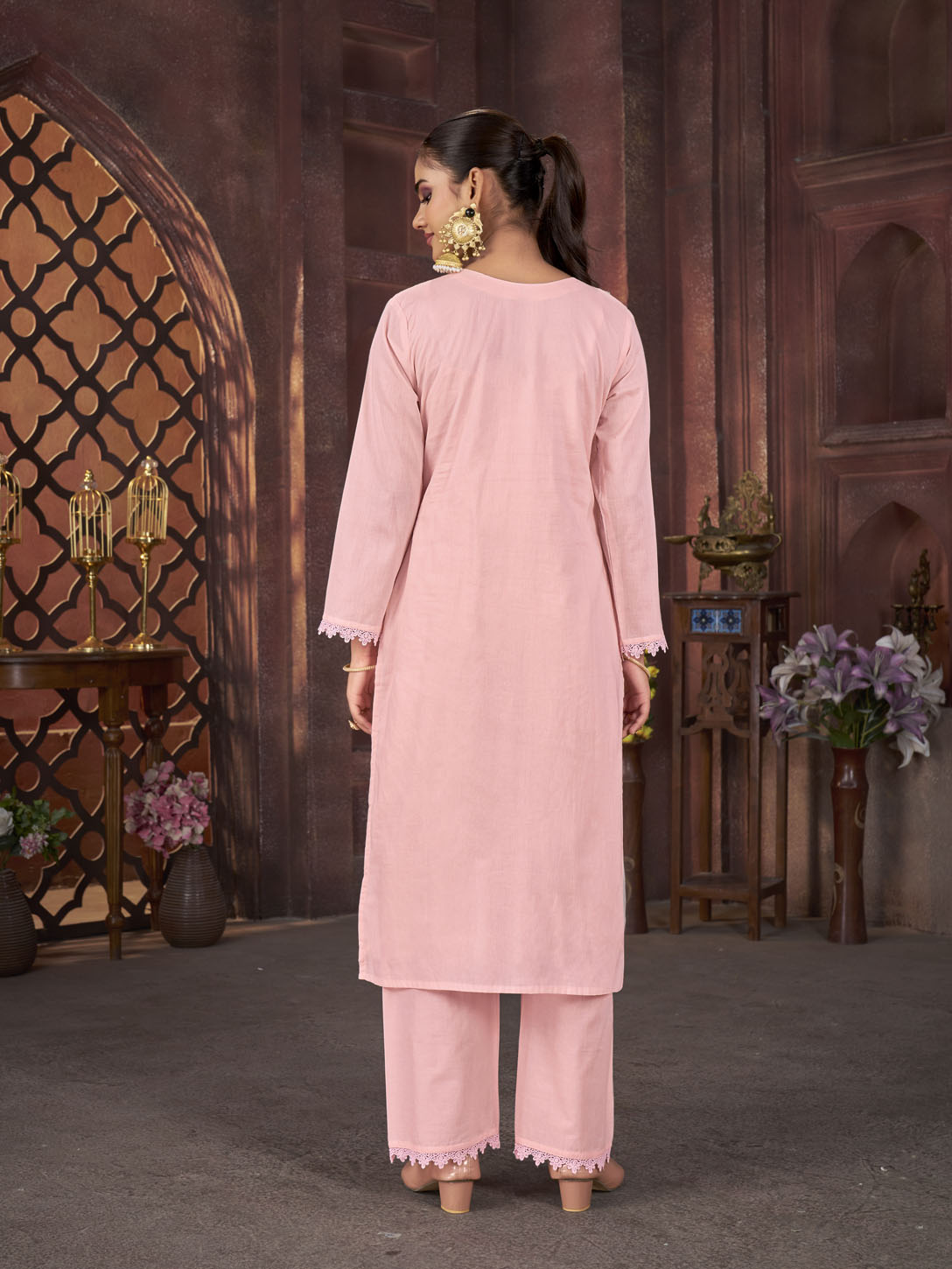 Blush Pink Embroidered Cotton Suit Set with Matching Dupatta