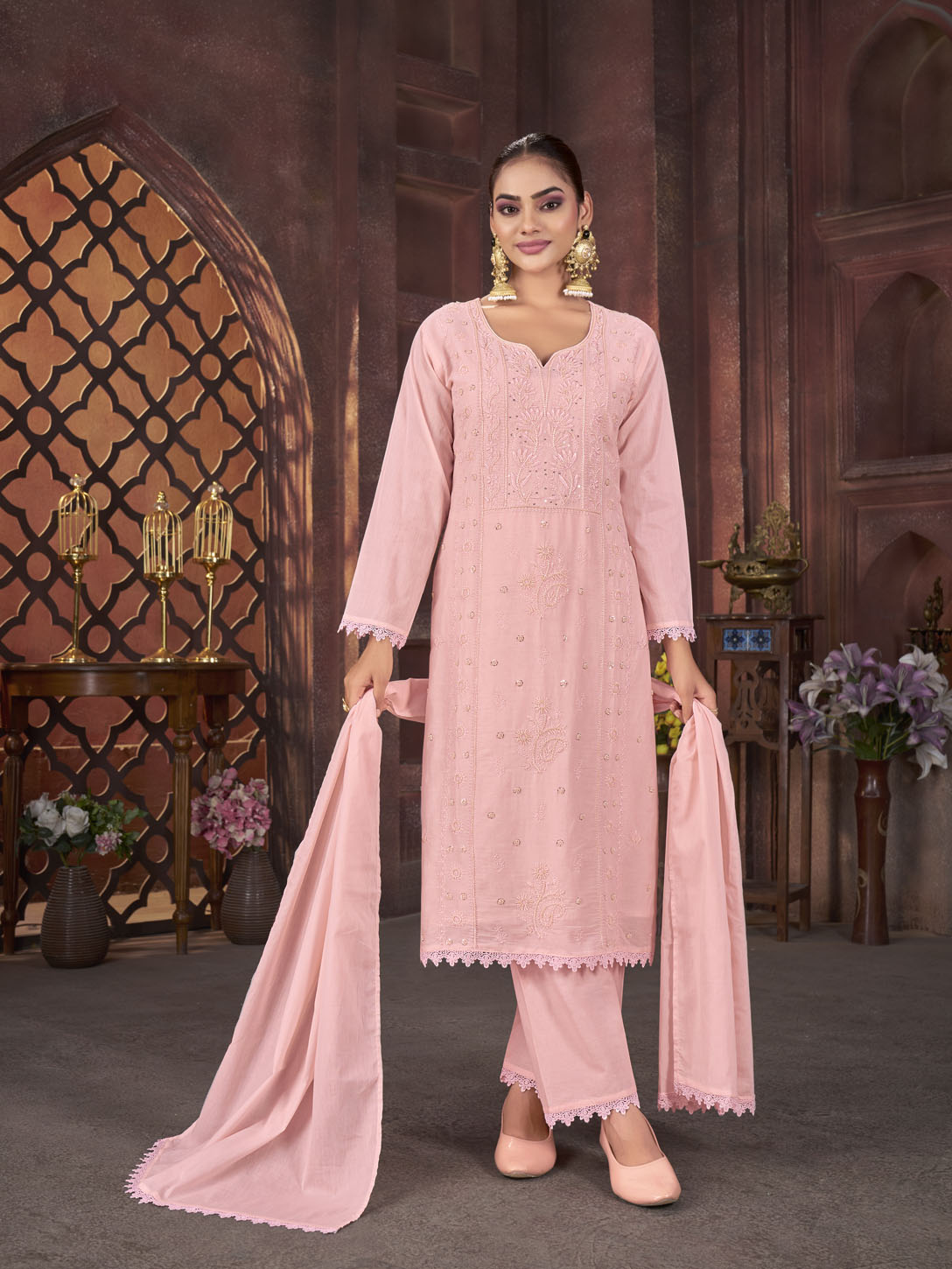 Blush Pink Embroidered Cotton Suit Set with Matching Dupatta