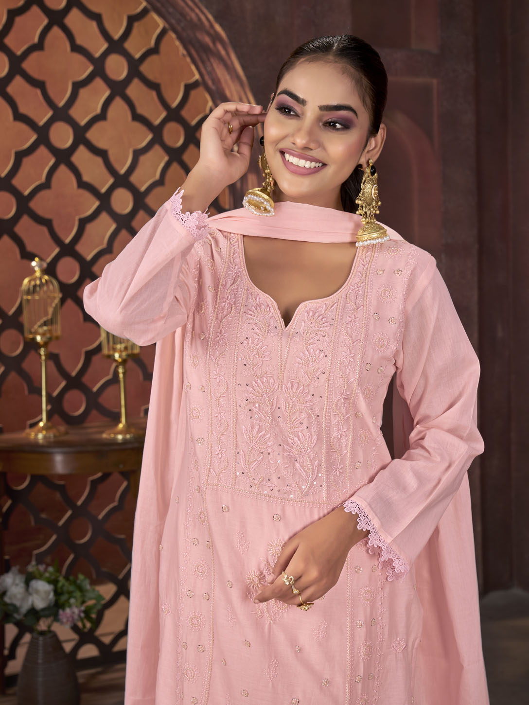 Blush Pink Embroidered Cotton Suit Set with Matching Dupatta