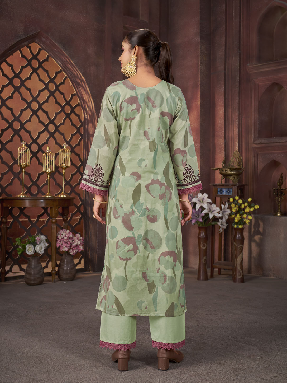 Olive Green Floral Printed Cotton Suit with Maroon Embroidery & Dupatta