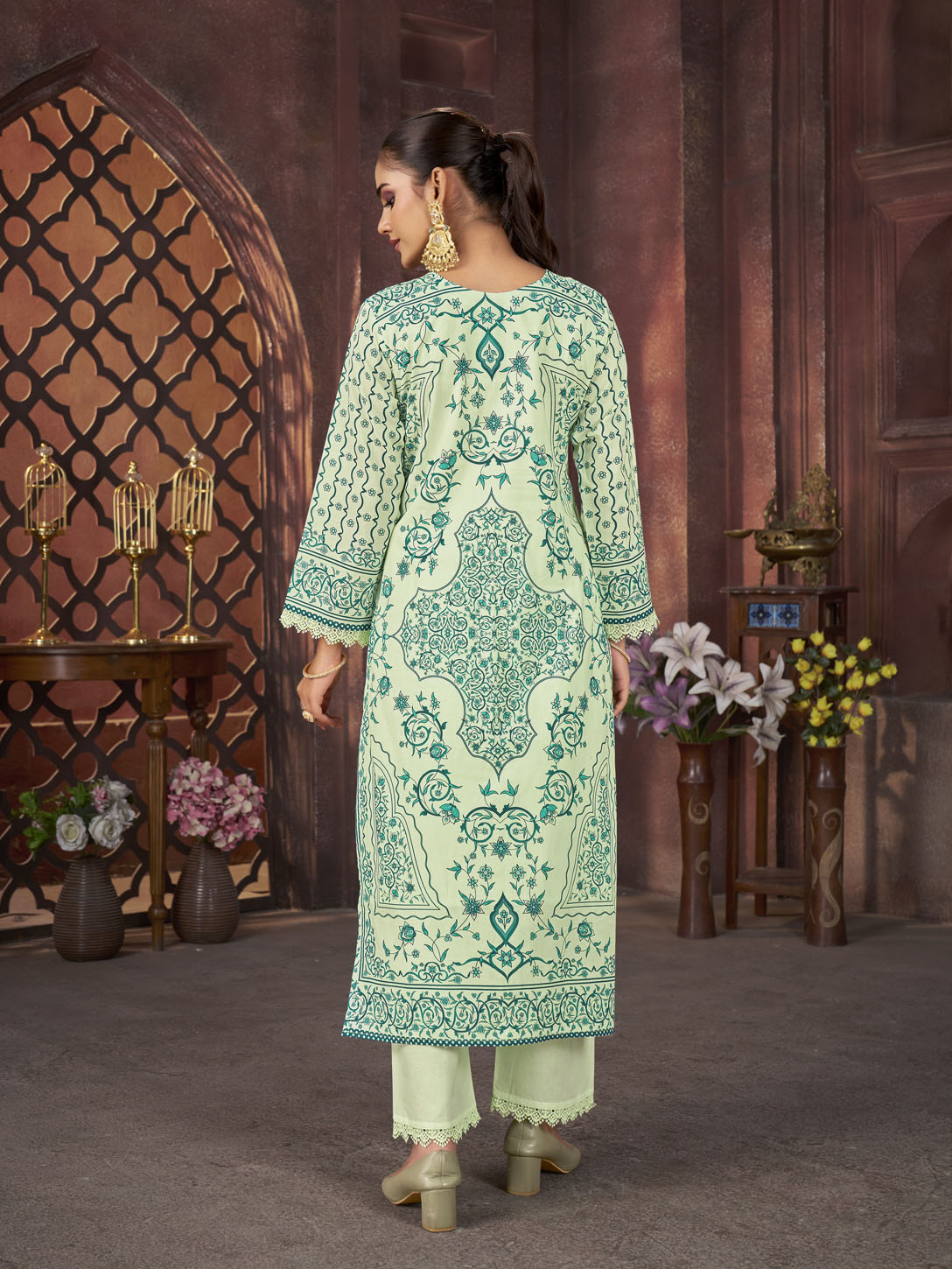 Mint Green Printed Suit with Intricate Motifs & Dupatta
