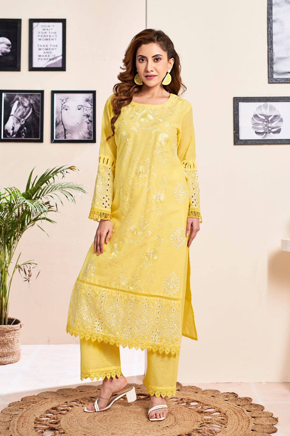 Bright Yellow Embroidered Suit Set with Floral Printed Dupatta – Festive & Ethnic Wear