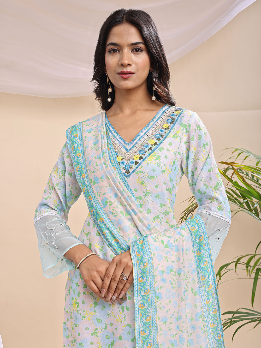 Turquoise Floral Printed Suit Set with Embroidered Neckline