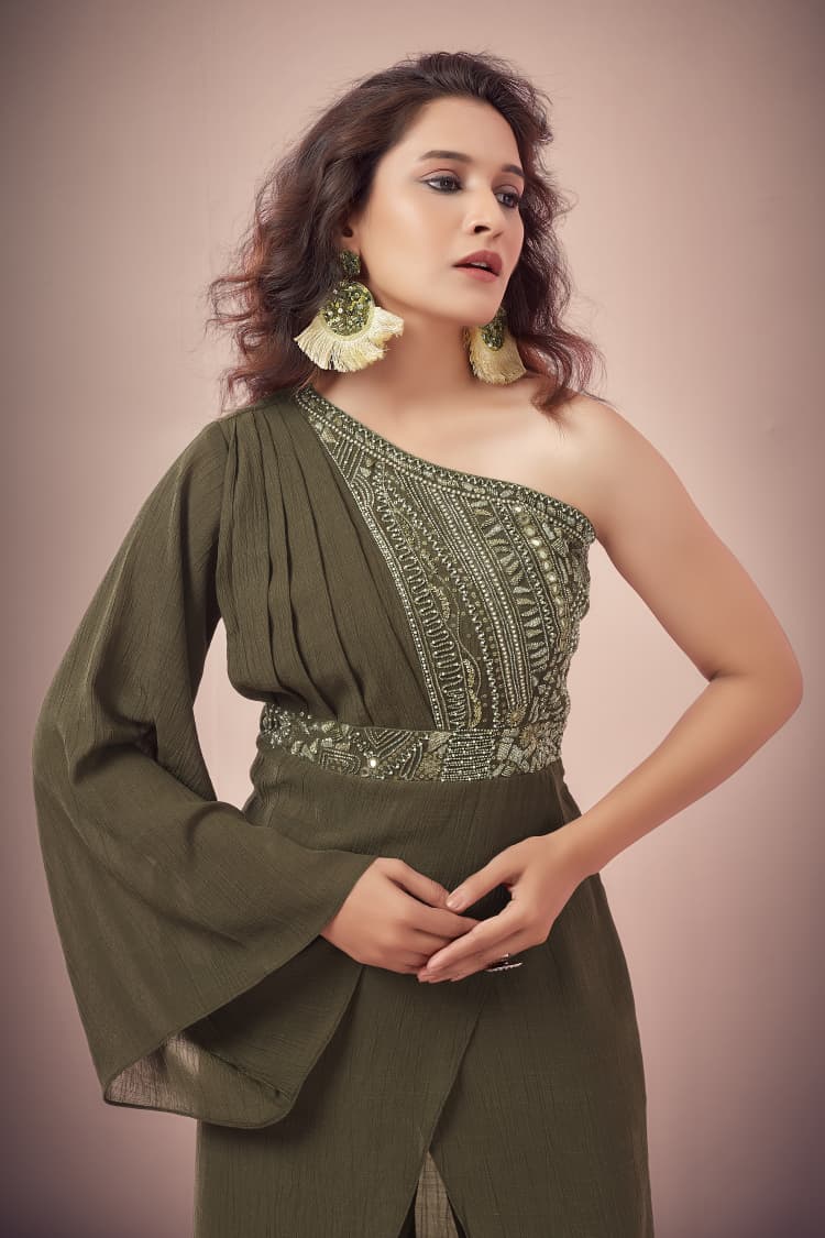Olive Green One-Shoulder Embellished Indo-Western Jumpsuit