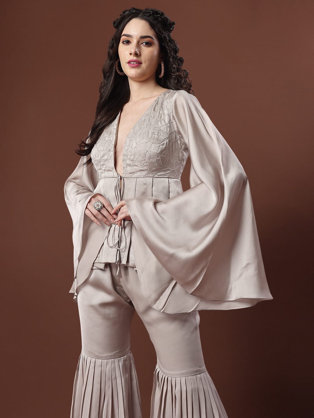 Champagne Beige Embroidered Peplum Co-ord Set with Flared Pants