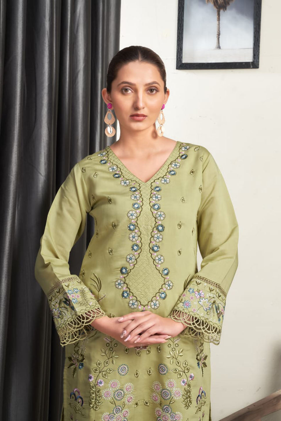 Light Green Embroidered Suit Set with Floral Dupatta