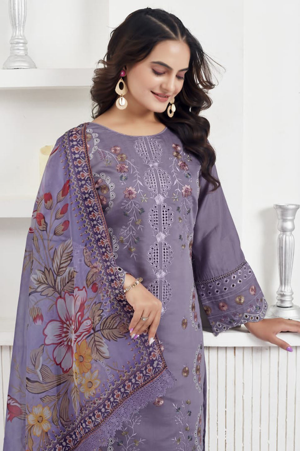 Lavender Embroidered Suit Set with Printed Dupatta – Elegant Ethnic Wear