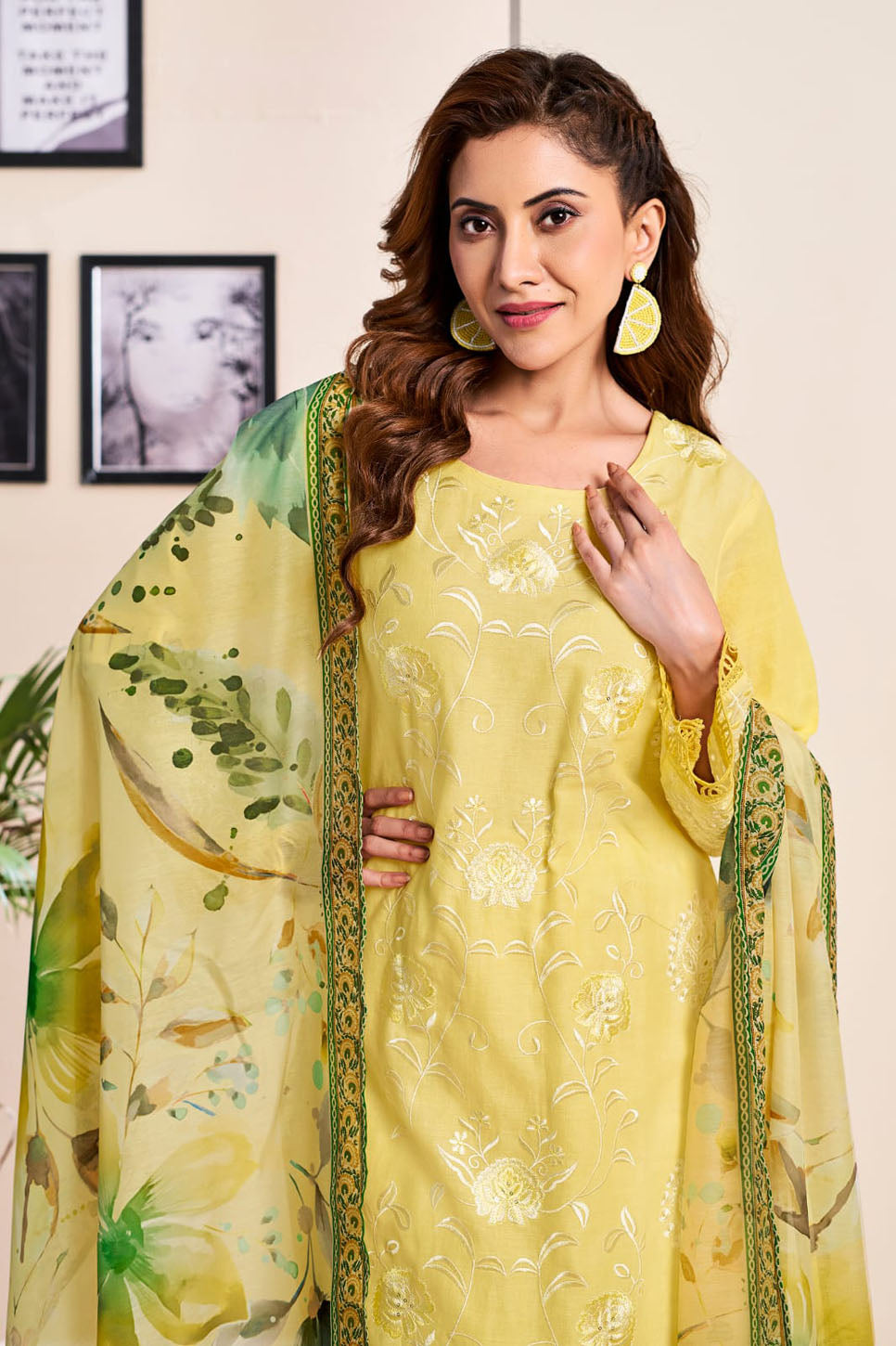 Bright Yellow Embroidered Suit Set with Floral Printed Dupatta – Festive & Ethnic Wear