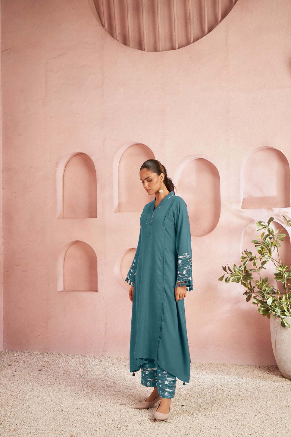Teal Solid Kurta Set with Embroidered Bell Sleeves