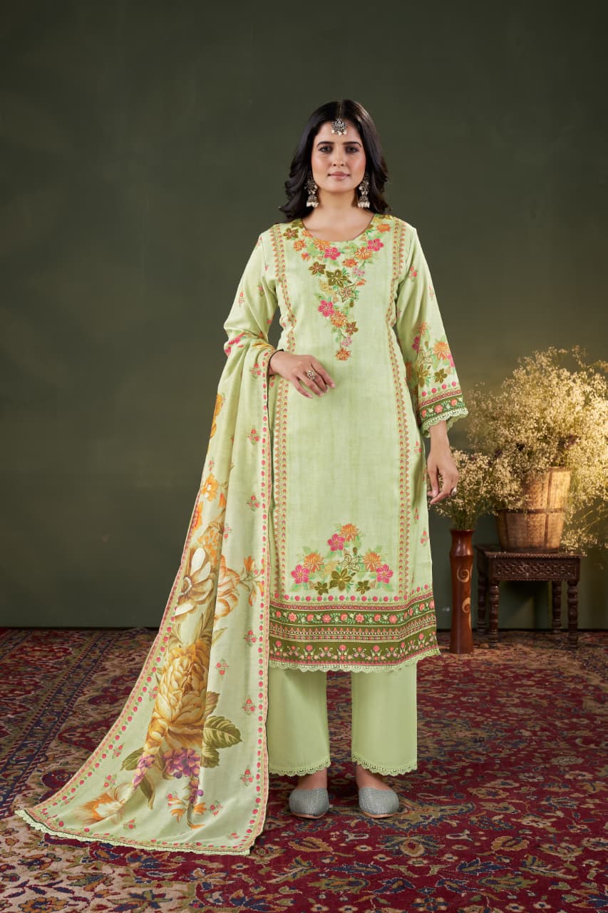Pastel Green Floral Embroidered Linen Suit Set with Printed Dupatta | Elegant Festive & Daily Wear Ensemble