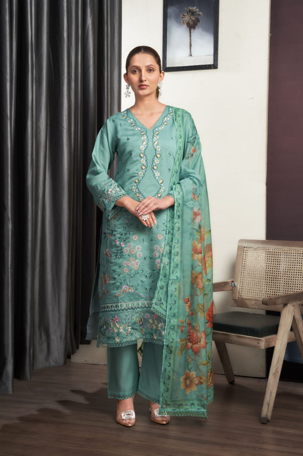 Teal Blue Embroidered Suit Set with Floral Dupatta