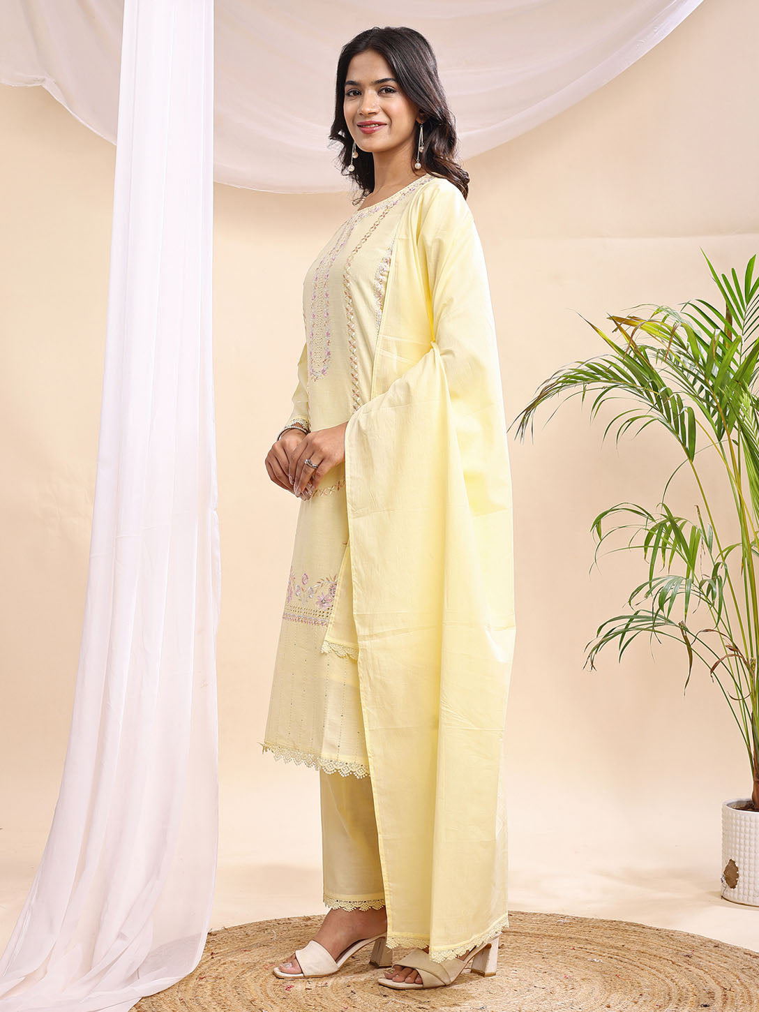 Women's Light Yellow Embroidered Suit – 3 Piece