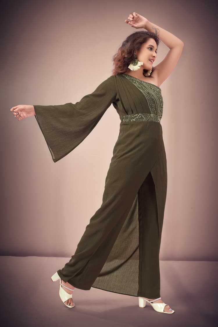 Olive Green One-Shoulder Embellished Indo-Western Jumpsuit
