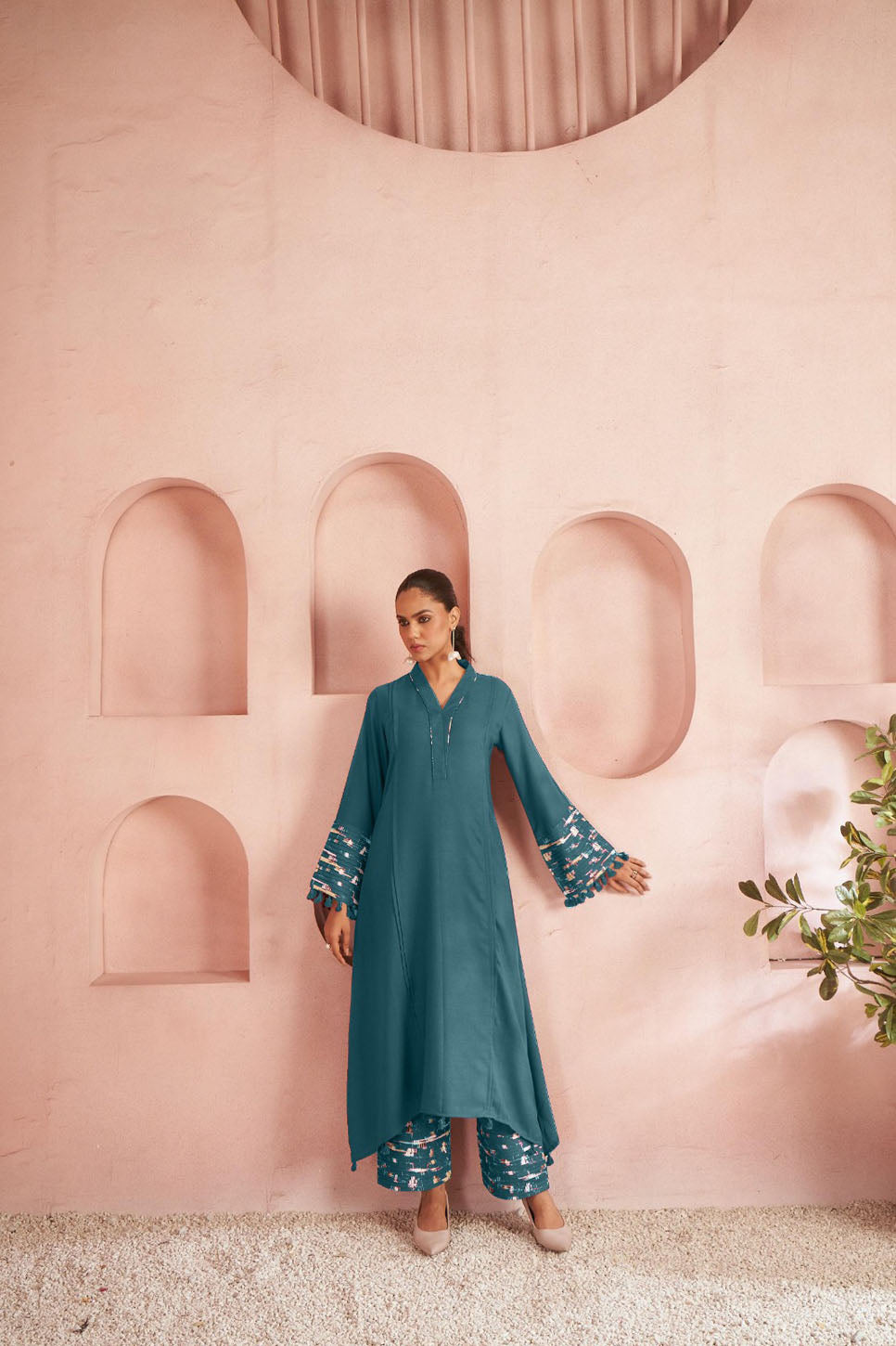 Teal Solid Kurta Set with Embroidered Bell Sleeves