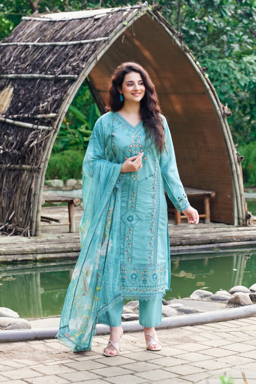 Aqua Blue Embroidered Suit Set with Digital Print Dupatta | Elegant Festive & Casual Ethnic Wear