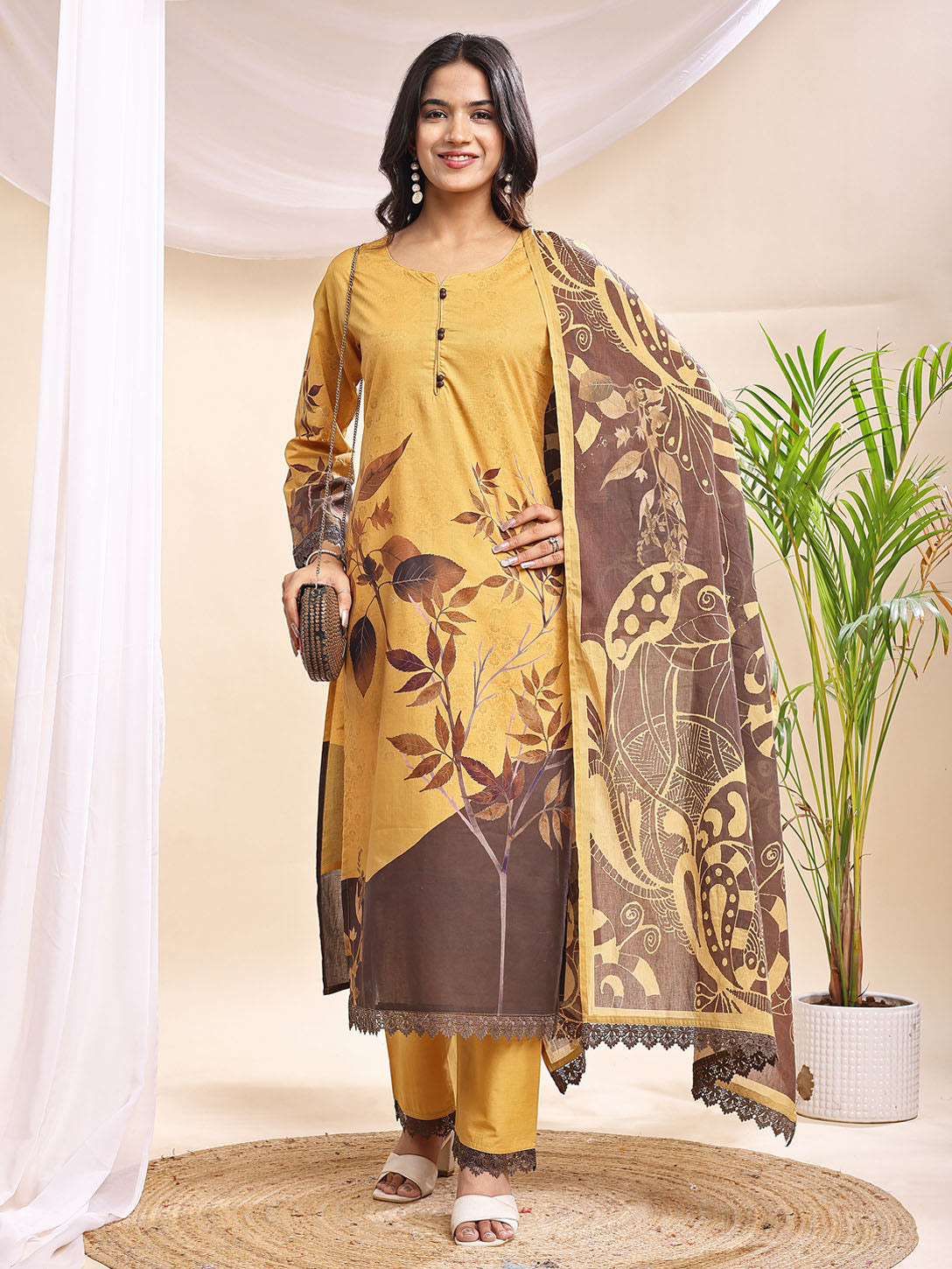 Women's Mustard & Brown Leaf Printed Suit – 3 Piece Suit Set
