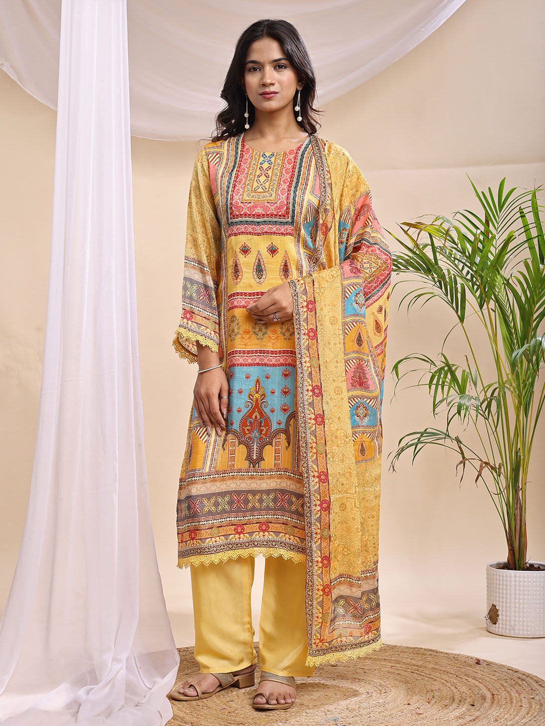 Vibrant Yellow Multicolor Printed Suit with Dupatta