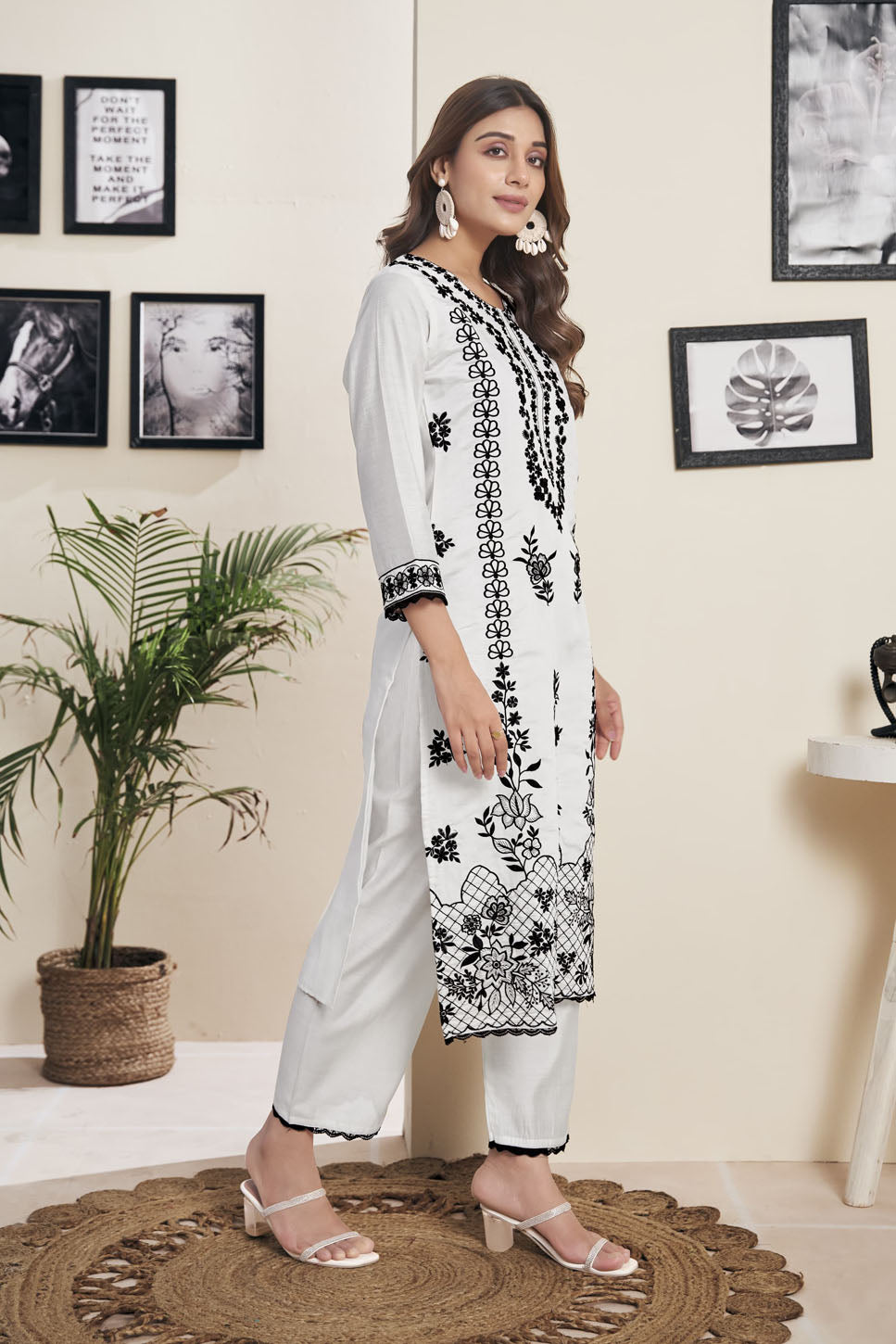 Chic White & Black Floral Embroidered Suit with Dupatta