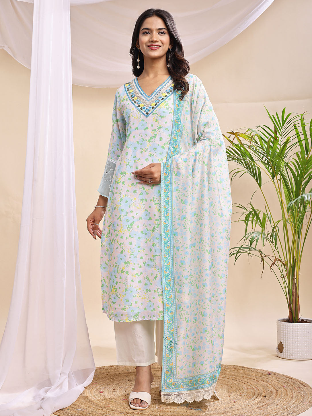 Turquoise Floral Printed Suit Set with Embroidered Neckline