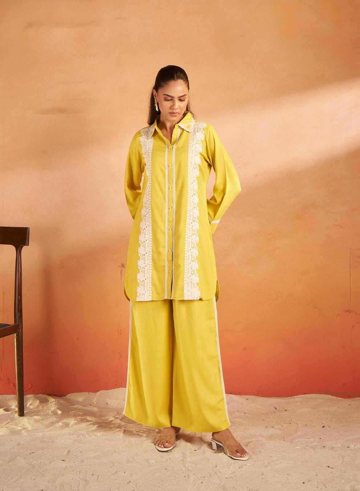Mustard Yellow Lace Detailed Co-ord Set with Shirt Collar