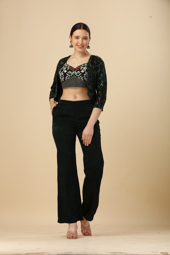 Black Embroidered Velvet Crop Top Co-ord Set with Printed Shrug