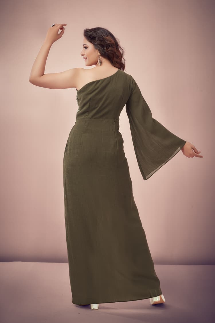 Olive Green One-Shoulder Embellished Indo-Western Jumpsuit