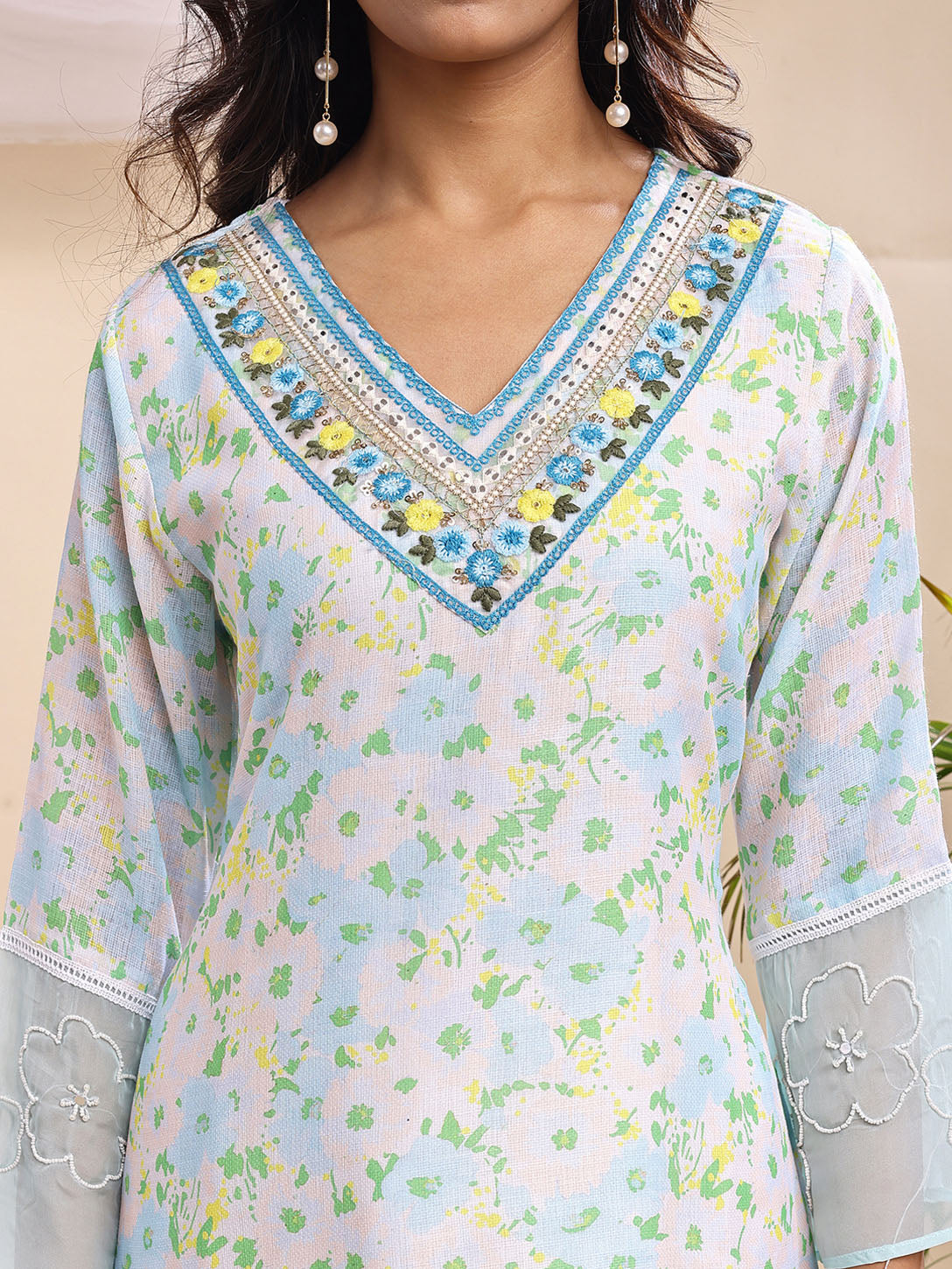 Turquoise Floral Printed Suit Set with Embroidered Neckline