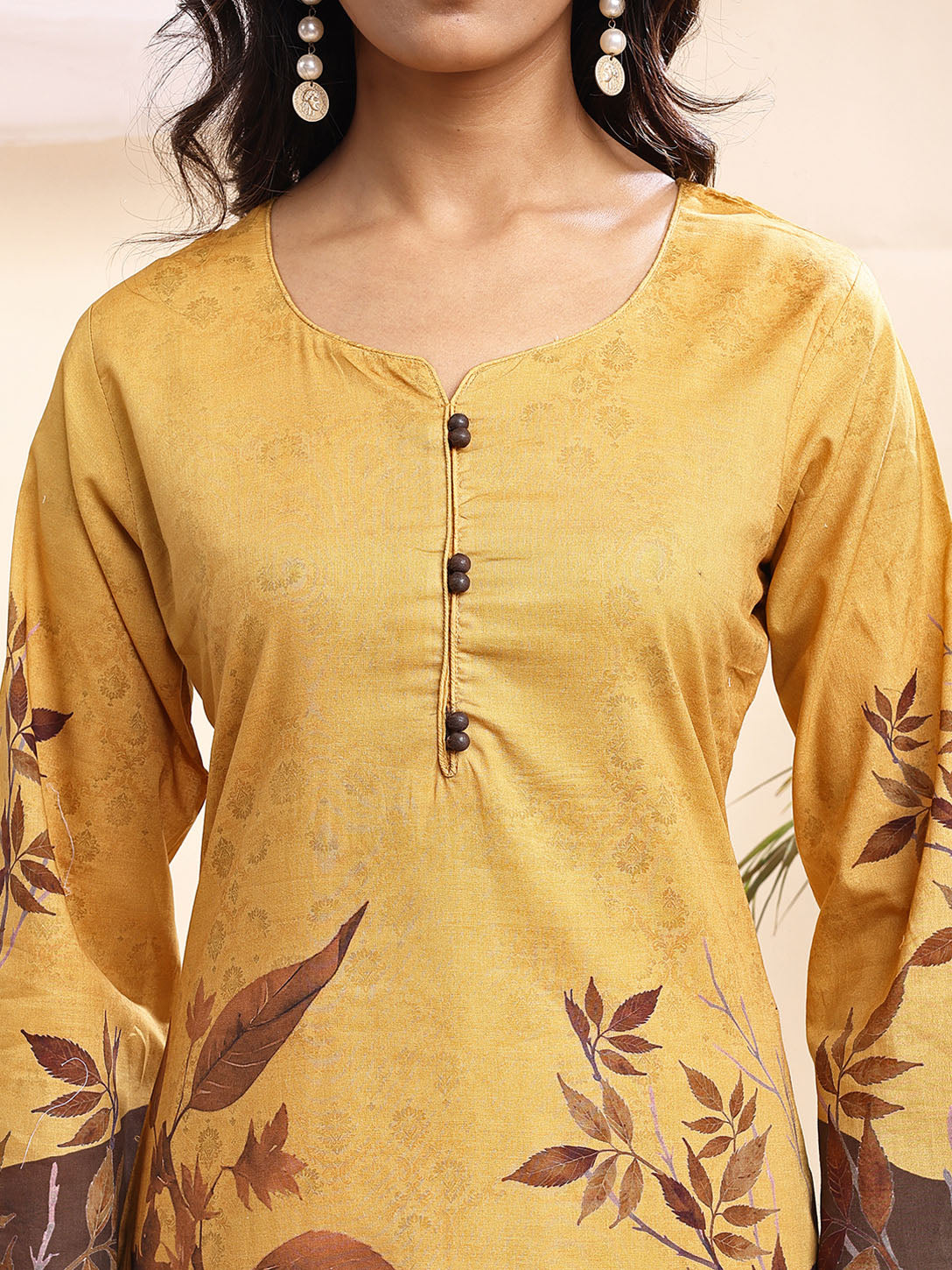 Women's Mustard & Brown Leaf Printed Suit – 3 Piece Suit Set