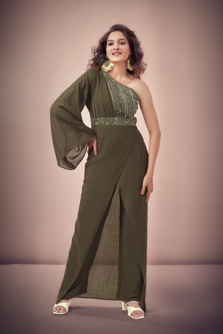 Olive Green One-Shoulder Embellished Indo-Western Jumpsuit
