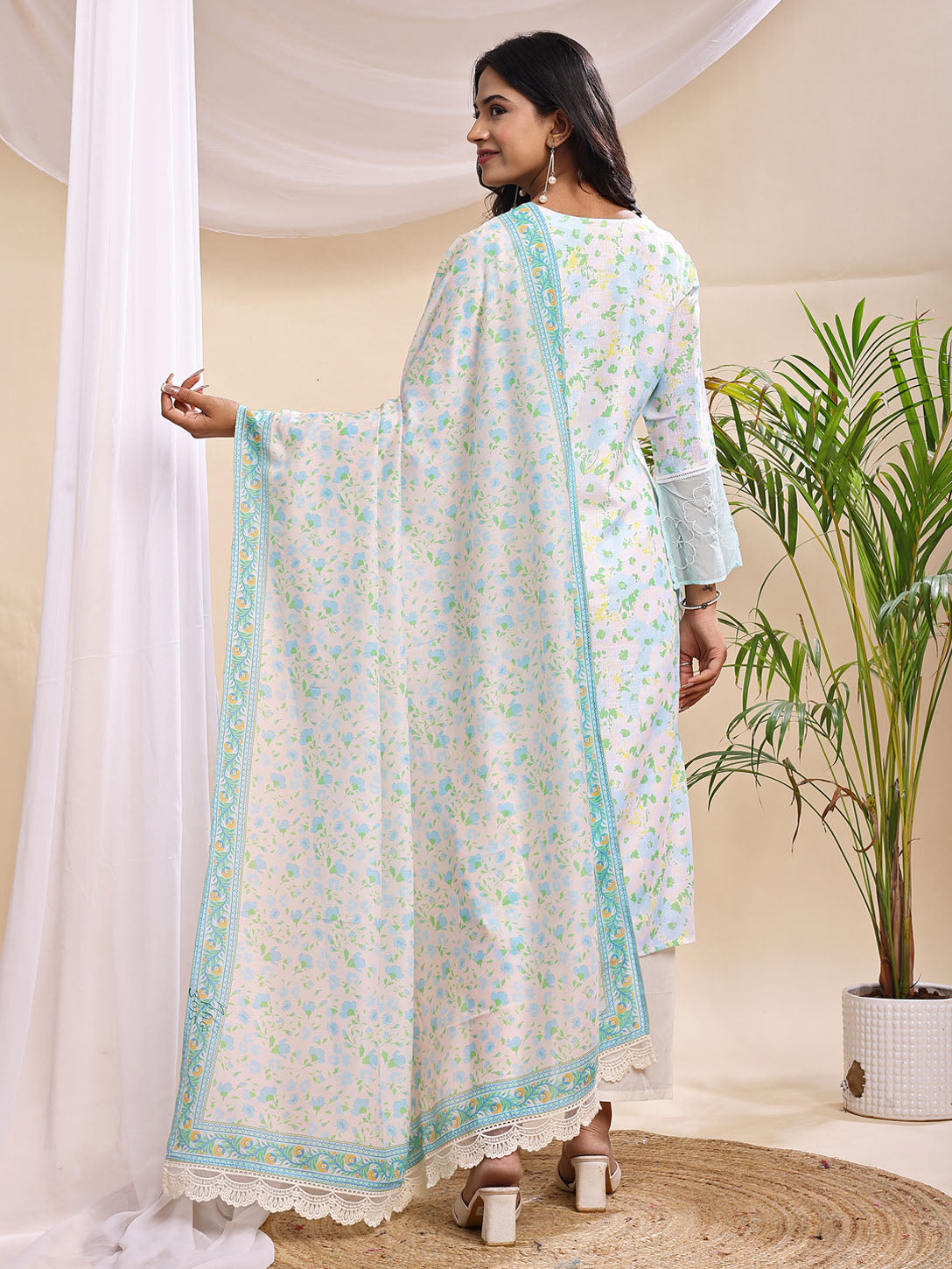 Turquoise Floral Printed Suit Set with Embroidered Neckline