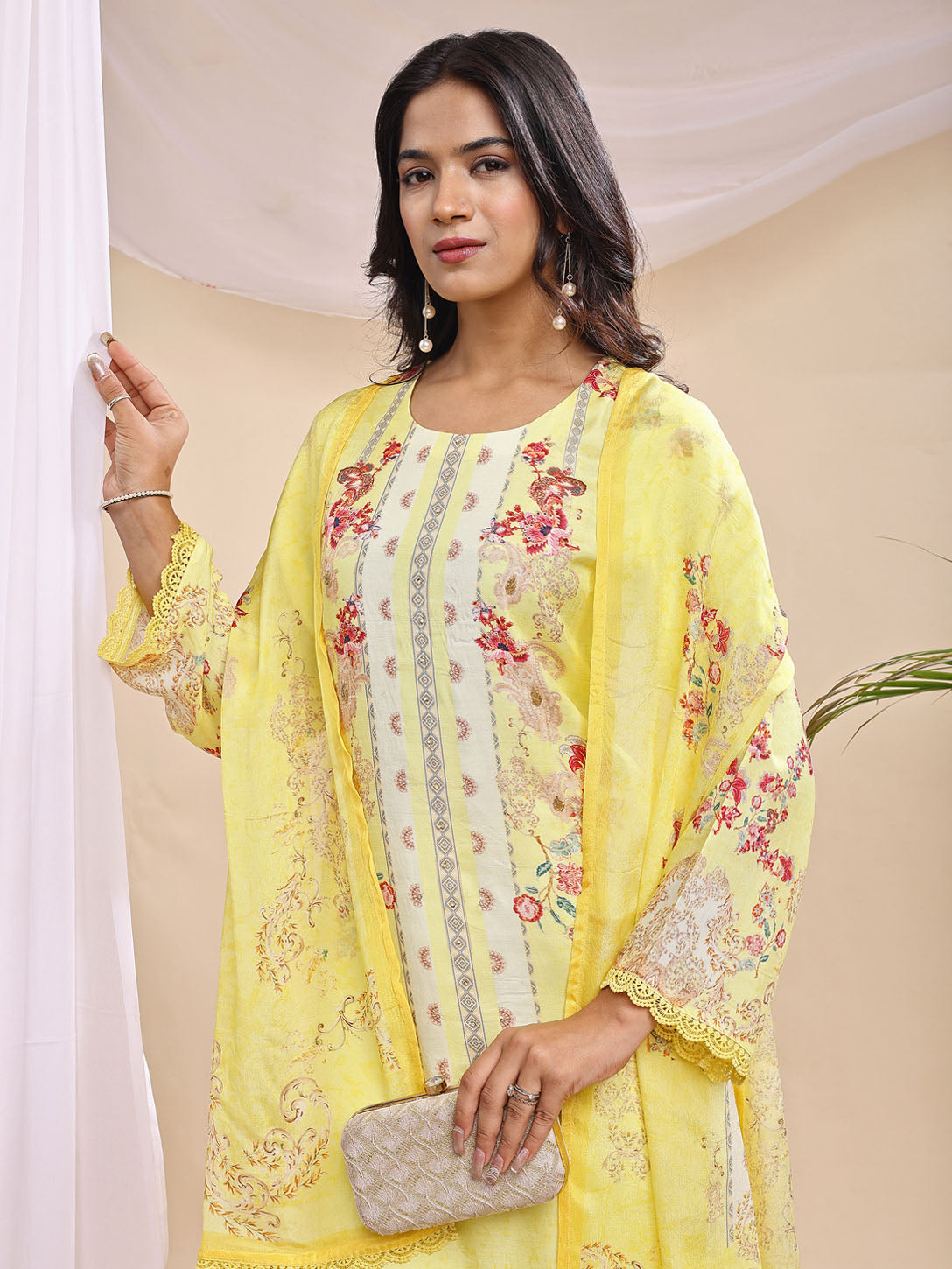 Women's Pastel Yellow Printed Suit – 3 Piece Elegant Festive Ensemble