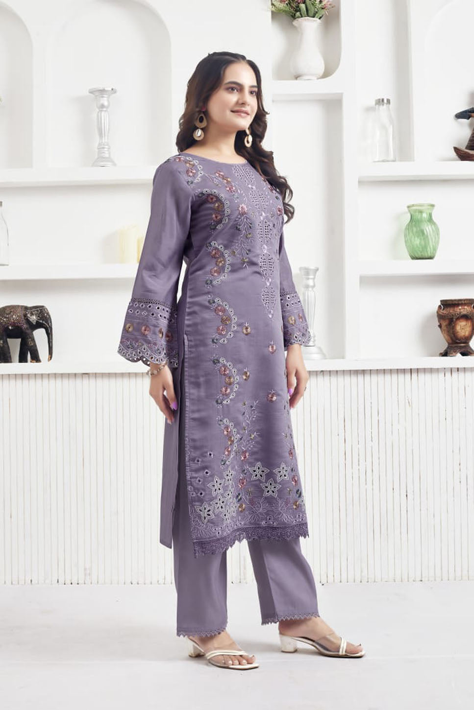 Lavender Embroidered Suit Set with Printed Dupatta – Elegant Ethnic Wear