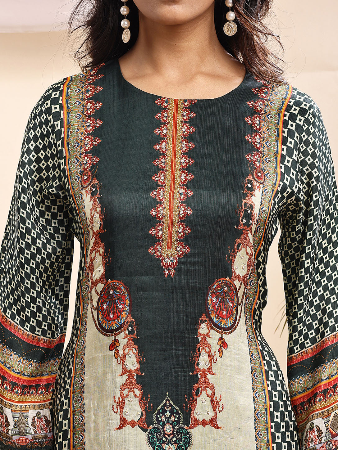 Women's Green & Beige Printed Suit – 3 Piece Traditional Elegance Set