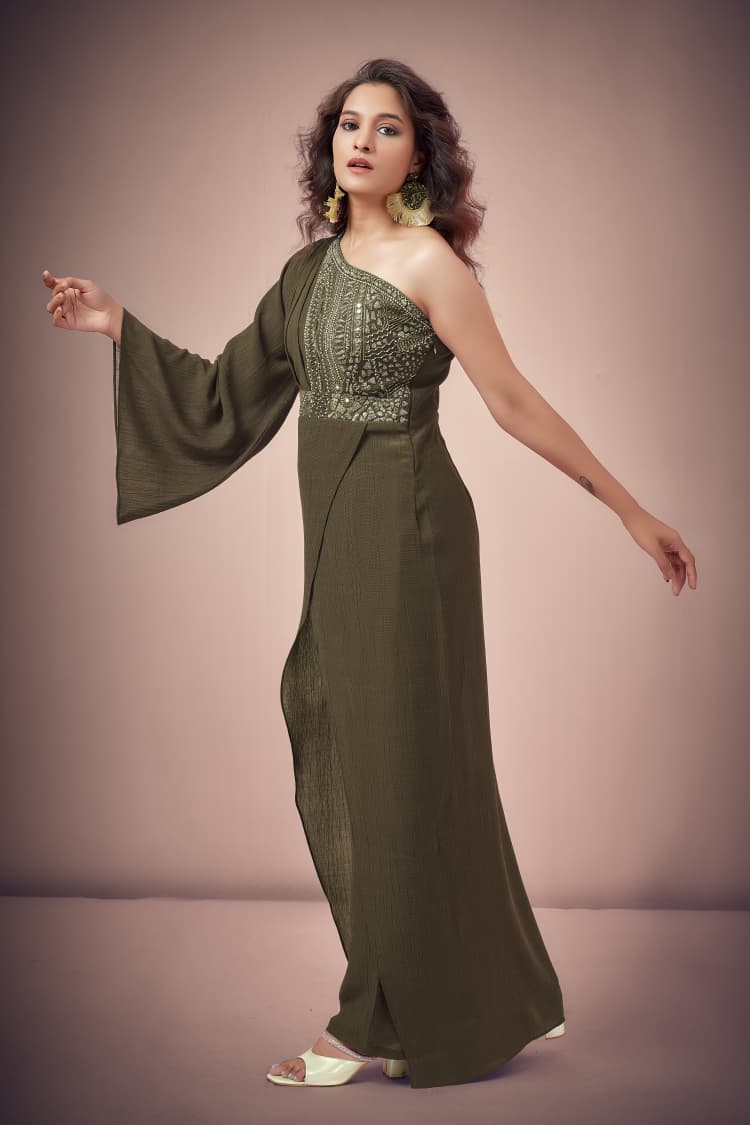 Olive Green One-Shoulder Embellished Indo-Western Jumpsuit