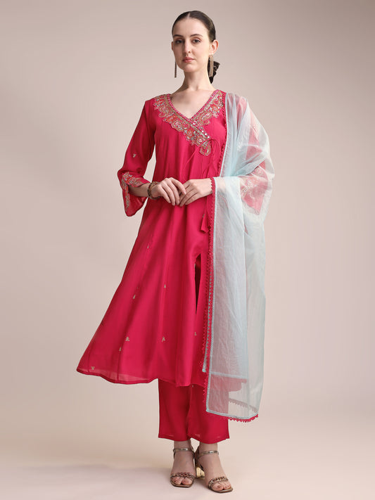 Rani Pink Roman Silk Embroidered Kurta Set with Contrast Organza Dupatta