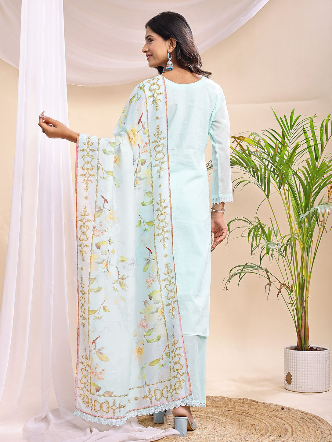 Powder Blue Embroidered 3-Piece Cotton Suit with Printed Dupatta