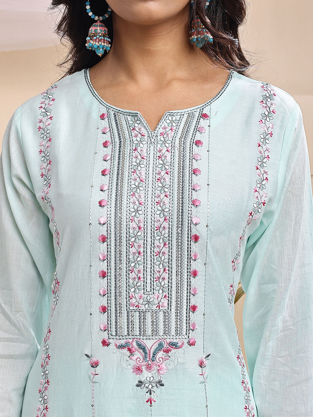 Powder Blue Embroidered 3-Piece Cotton Suit with Printed Dupatta