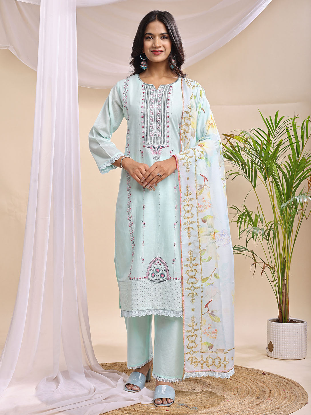 Powder Blue Embroidered 3-Piece Cotton Suit with Printed Dupatta