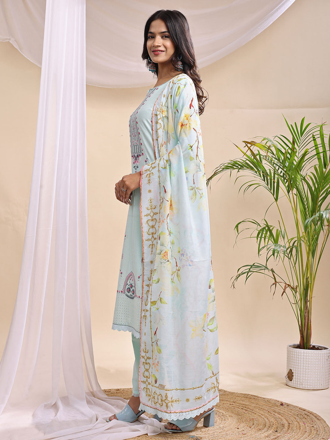 Powder Blue Embroidered 3-Piece Cotton Suit with Printed Dupatta