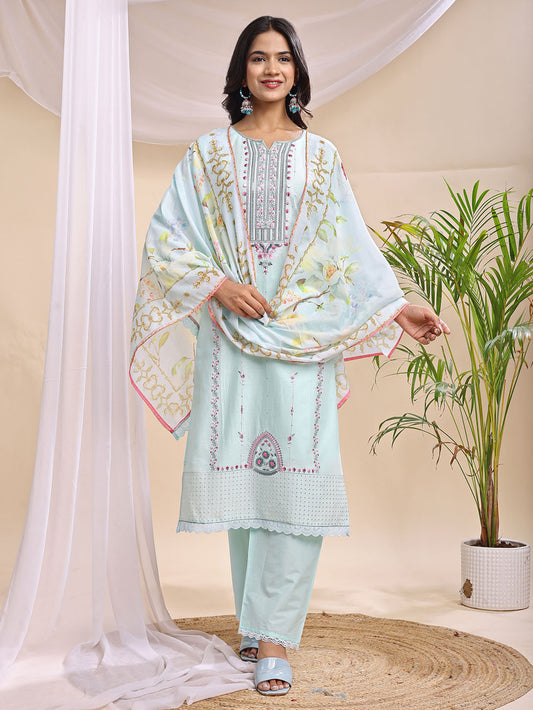 Powder Blue Embroidered 3-Piece Cotton Suit with Printed Dupatta
