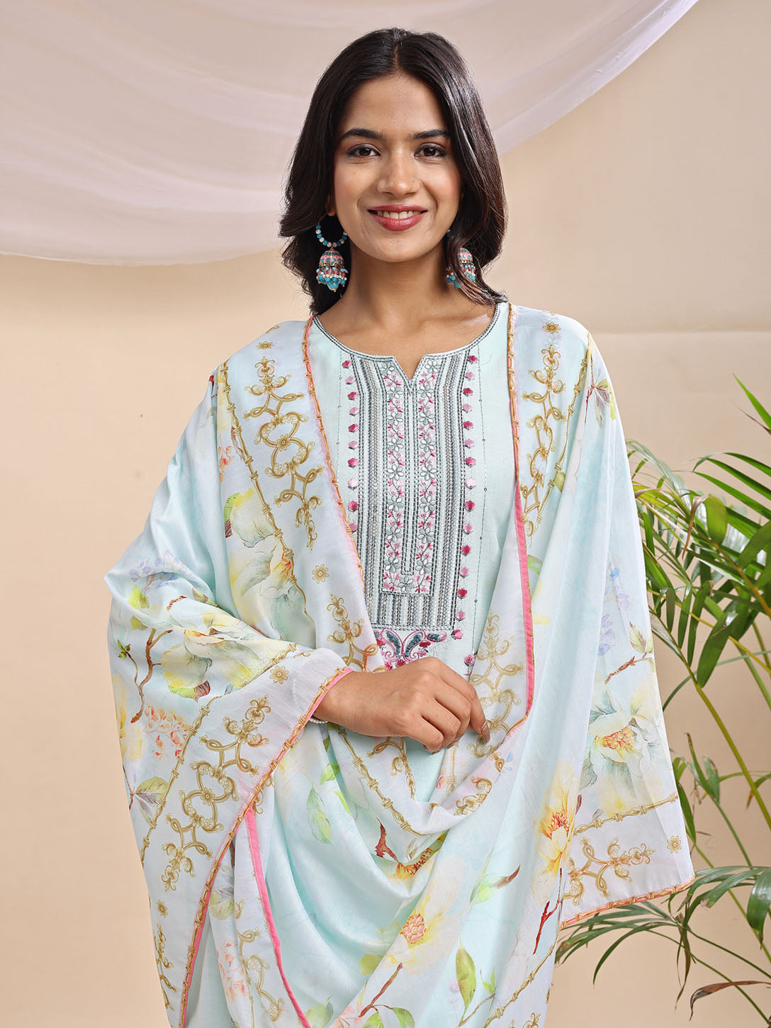 Powder Blue Embroidered 3-Piece Cotton Suit with Printed Dupatta