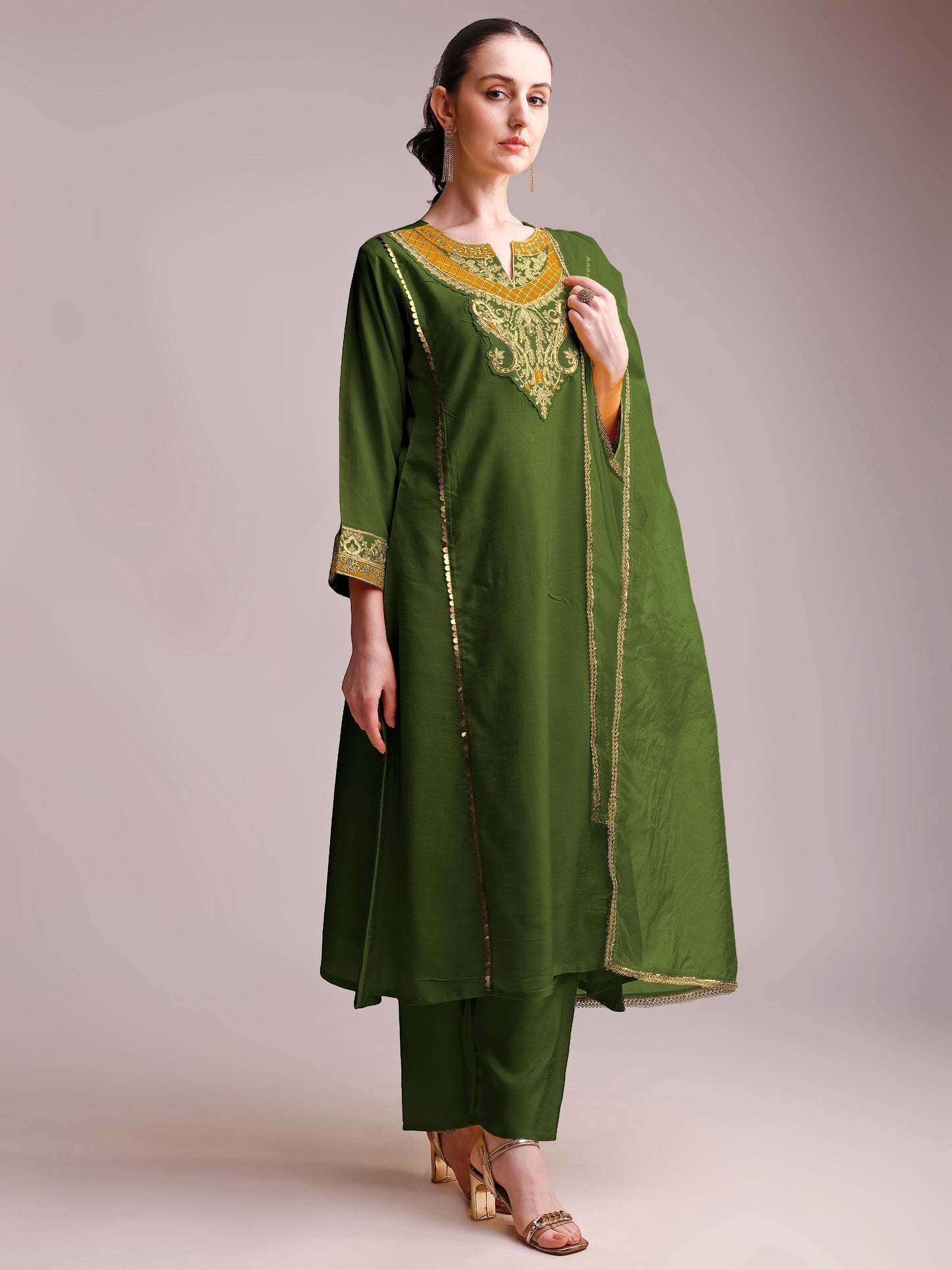 Elegant Olive Green Embroidered Silk Suit Set with Dupatta
